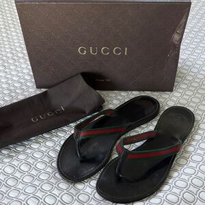 Gucci Black Flip Flops with Green and Red Straps